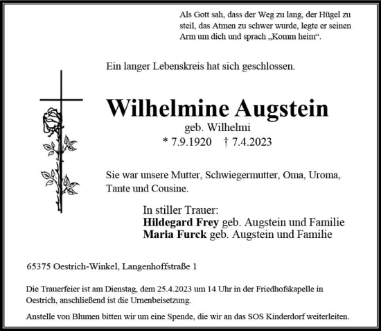 Traueranzeige von Wilhelmine Augstein von Wiesbadener Kurier