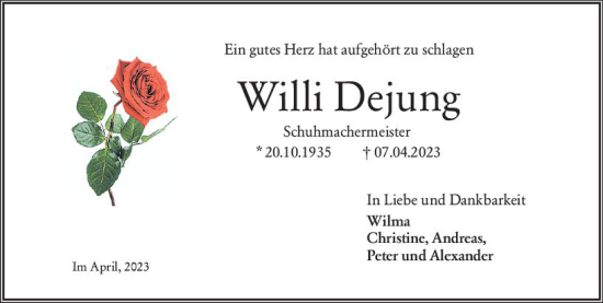 Traueranzeige von Willi Dejung von Allgemeine Zeitung Mainz