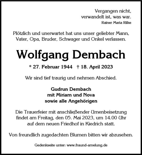 Traueranzeige von Wolfgang Dembach von Wiesbadener Kurier