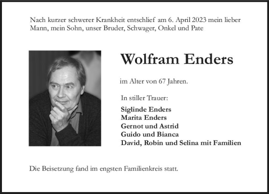 Traueranzeige von Wolfram Enders von Allgemeine Zeitung Bingen/Ingelheim