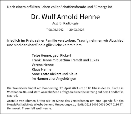Traueranzeige von Wulf Arnold Henne von Wiesbadener Kurier