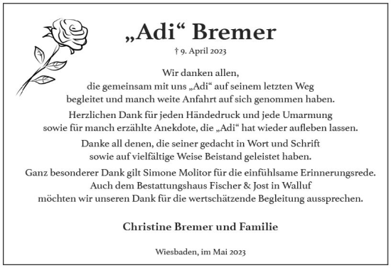 Traueranzeige von Adolf  Bremer von Wiesbadener Kurier
