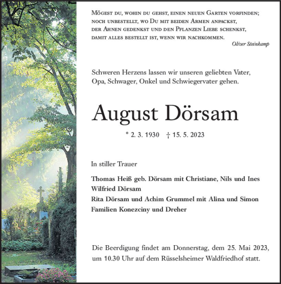 Traueranzeige von Alfred Dörsam von Rüsselsheimer Echo