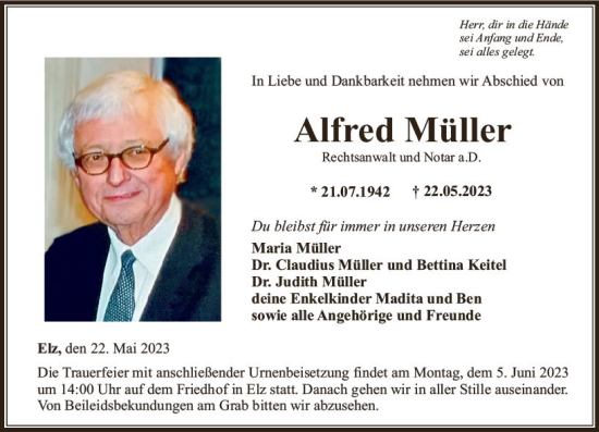 Traueranzeige von Alfred Müller von Nassauische Neue Presse