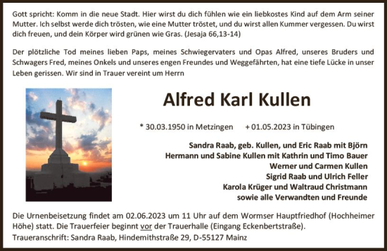 Traueranzeige von Alfred Karl Kullen von Wormser Zeitung