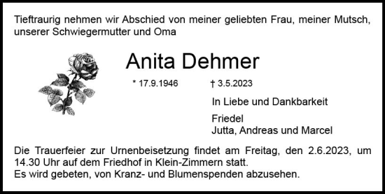 Traueranzeige von Anita Dehmer von Darmstädter Echo