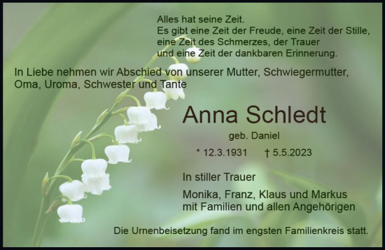 Traueranzeige von Anna Schledt von Dieburger Anzeiger/Groß-Zimmerner Lokal-Anzeiger