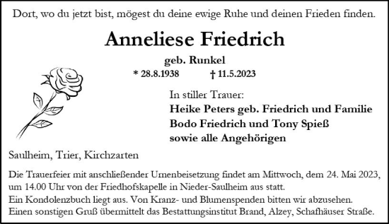 Traueranzeige von Anneliese Friedrich von Allgemeine Zeitung Alzey