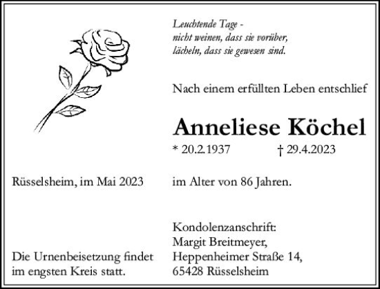 Traueranzeige von Anneliese Köchel von Rüsselsheimer Echo