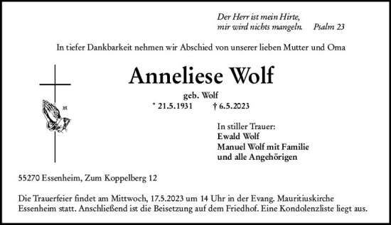 Traueranzeige von Anneliese Wolf von Allgemeine Zeitung Mainz