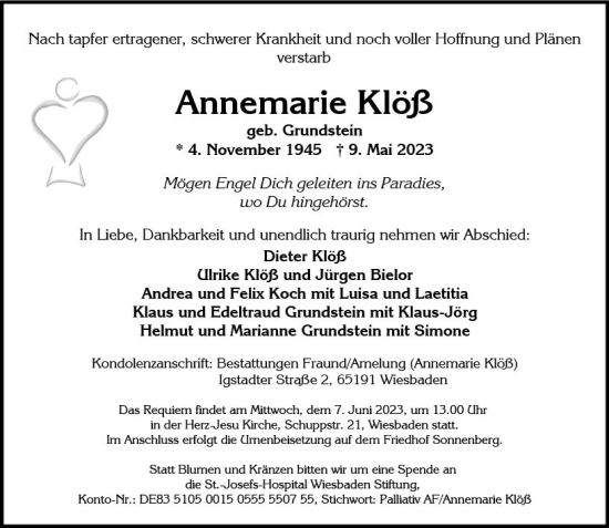 Traueranzeige von Annemarie Klöß von Wiesbadener Kurier