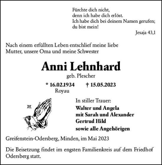 Traueranzeige von Anni Lehnhard von Dill Block