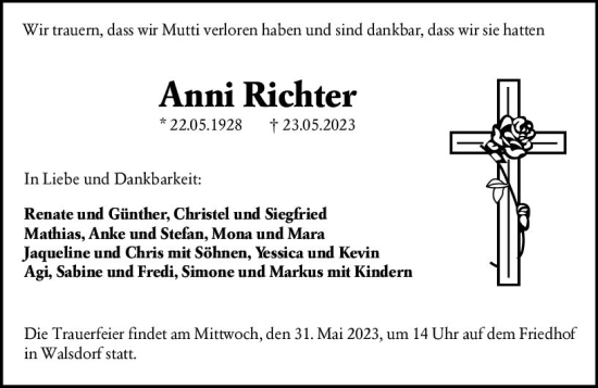 Traueranzeige von Anni Richter von Wiesbadener Kurier