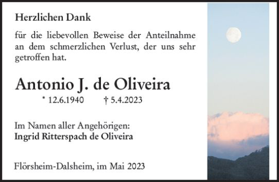 Traueranzeige von Antonio  de Oliveira von Wormser Zeitung