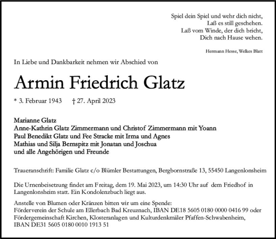 Traueranzeige von Armin Friedrich Glatz von Allgemeine Zeitung Bad Kreuznach