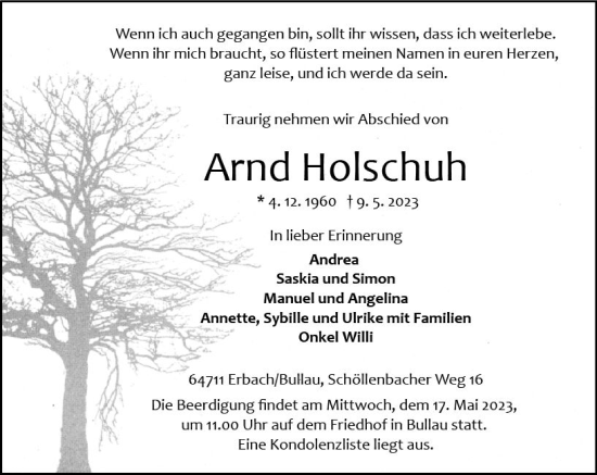 Traueranzeige von Arnd Holschuh von Odenwälder Echo