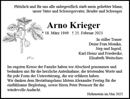 Traueranzeige von Arno Krieger von Wiesbadener Kurier