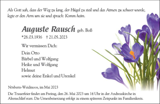 Traueranzeige von Auguste Rausch von VRM Trauer
