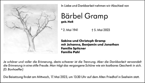 Traueranzeige von Bärbel Gramp von Darmstädter Echo