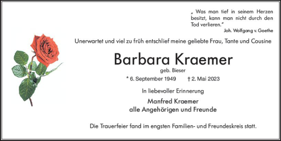 Traueranzeige von Barbara Kraemer von Wiesbadener Kurier
