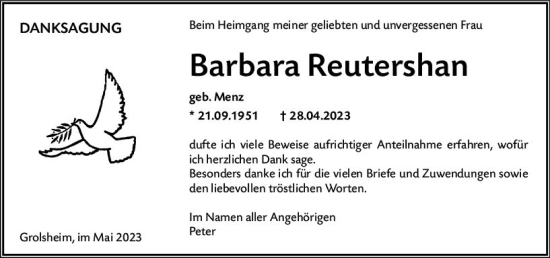 Traueranzeige von Barbara Reutershan von Allgemeine Zeitung Bingen/Ingelheim