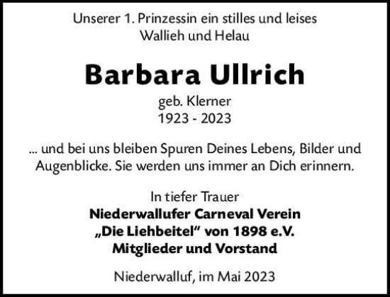 Traueranzeige von Barbara Ullrich von Wiesbadener Kurier