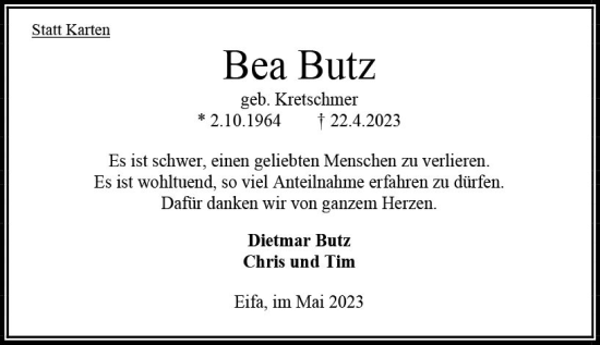 Traueranzeige von Bea Butz von Oberhessen Kurier