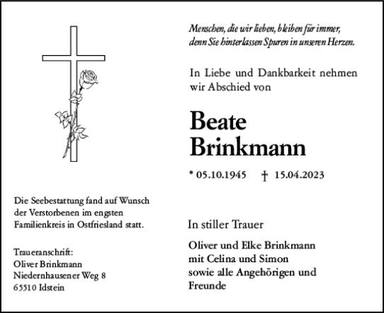 Traueranzeige von Beate Brinkmann von Wiesbadener Kurier