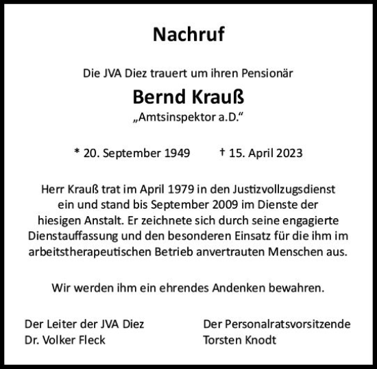 Traueranzeige von Bernd Krauß von Nassauische Neue Presse