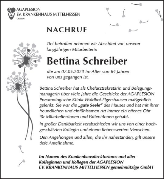 Traueranzeige von Bettina Schreiber von Wetzlarer Neue Zeitung
