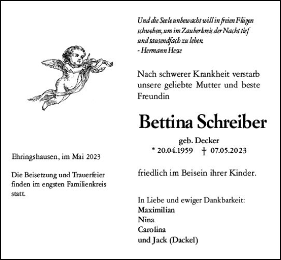 Traueranzeige von Bettina Schreiber von Wetzlarer Neue Zeitung