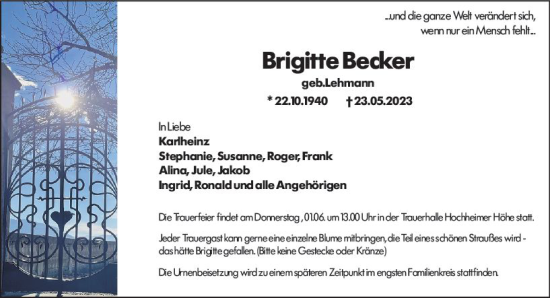 Traueranzeige von Brigitte Becker von Wormser Zeitung
