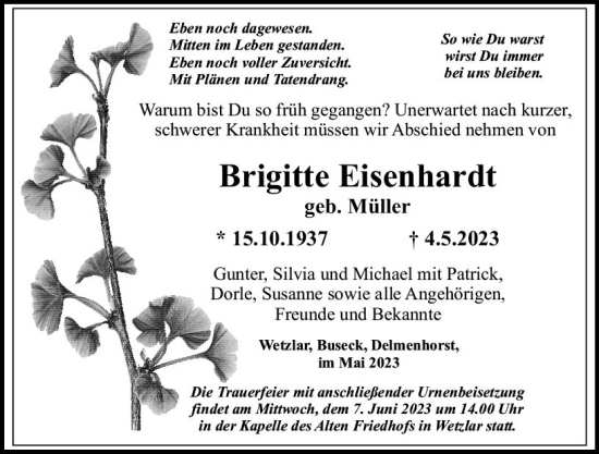 Traueranzeige von Brigitte Eisenhardt von Wetzlarer Neue Zeitung