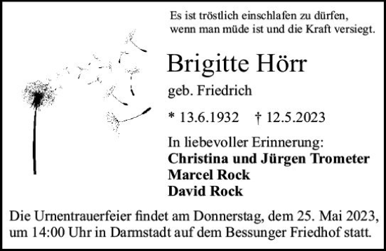 Traueranzeige von Brigitte Hörr von Darmstädter Echo