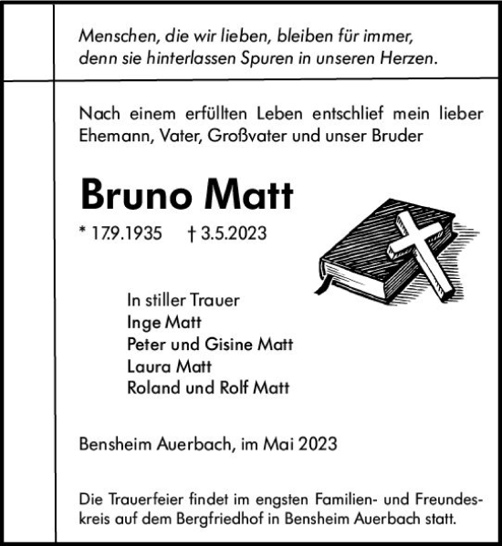 Traueranzeige von Bruno Matt von Darmstädter Echo