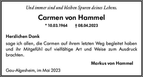 Traueranzeige von Carmen von Hammel von Allgemeine Zeitung Bingen/Ingelheim