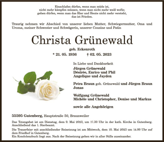 Traueranzeige von Christa Grünewald von Allgemeine Zeitung Bad Kreuznach