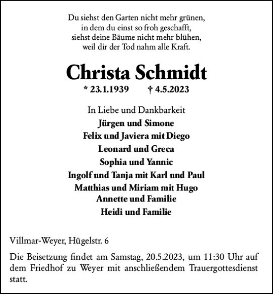 Traueranzeige von Christa Schmidt von Nassauische Neue Presse