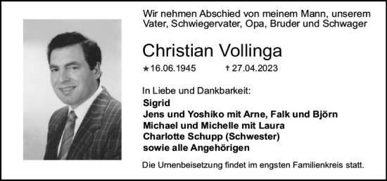 Traueranzeige von Christian Vollinga von Allgemeine Zeitung Mainz