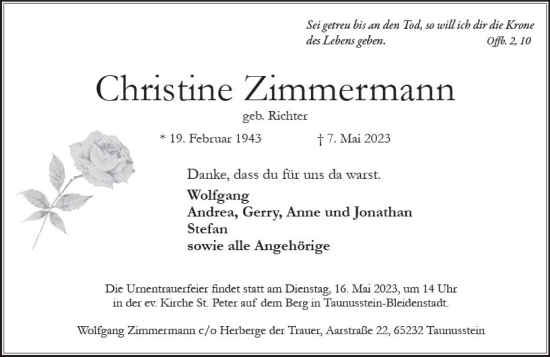 Traueranzeige von Christine Zimmermann von Idsteiner Land/Untertaunus