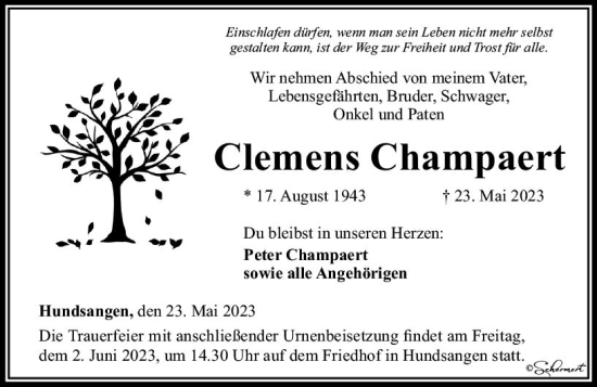 Traueranzeige von Clemens Champaert von Nassauische Neue Presse