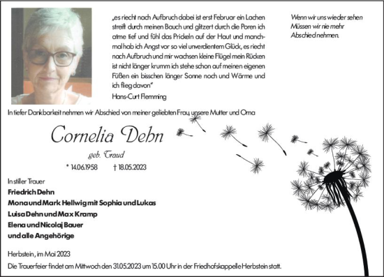 Traueranzeige von Cornelia Dehn von VRM Trauer