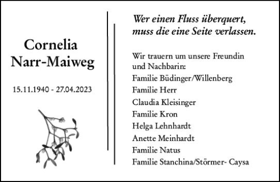 Traueranzeige von Cornelia Narr-Maiweg von Wiesbadener Kurier