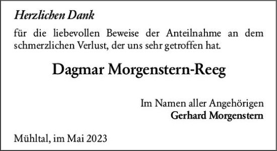 Traueranzeige von Dagmar Morgenstern-Reeg von Darmstädter Echo