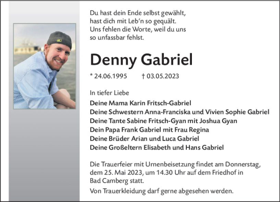 Traueranzeige von Denny Gabriel von Camberger Anzeiger