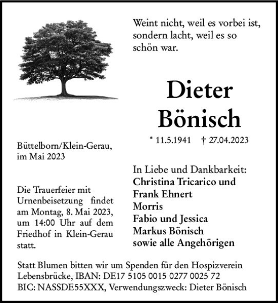 Traueranzeige von Dieter Bönisch von Rüsselsheimer Echo