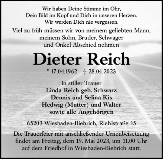 Traueranzeige von Dieter Reich von Wiesbadener Kurier