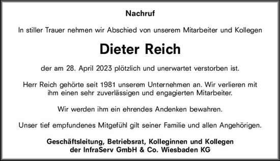 Traueranzeige von Dieter Reich von Rheingau Kurier