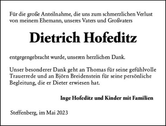 Traueranzeige von Dietrich Hofeditz von Hinterländer Anzeiger