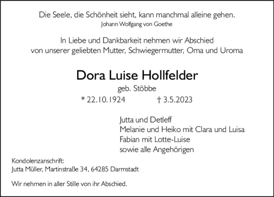 Traueranzeige von Dora Luise Hollfelder von Rüsselsheimer Echo